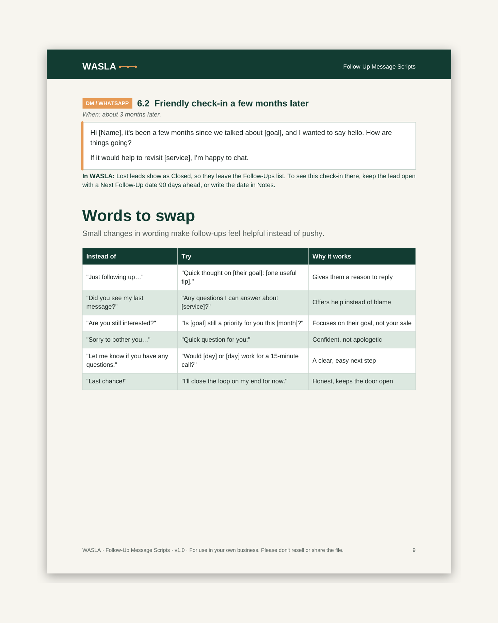 Words to swap table from the Follow-Up Message Scripts PDF