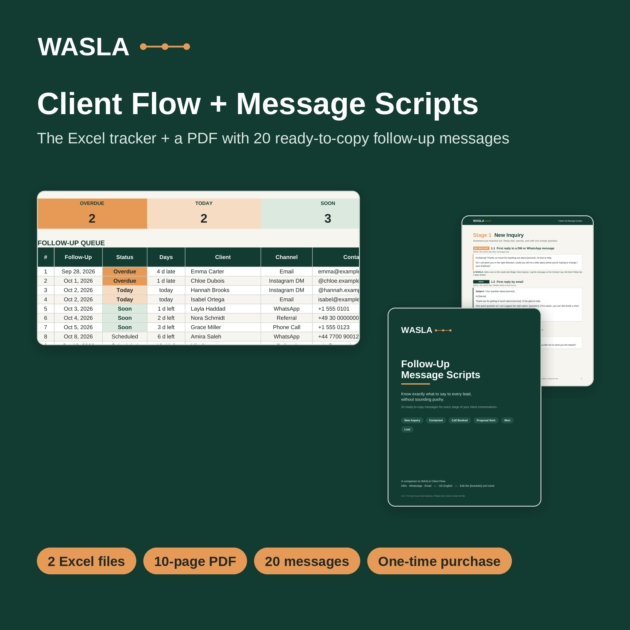WASLA Client Flow Excel tracker together with the Follow-Up Message Scripts PDF