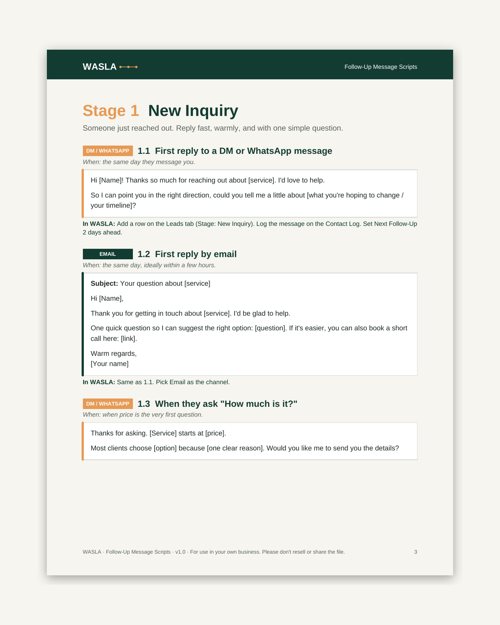 Page from the Follow-Up Message Scripts PDF with ready-to-copy follow-up messages